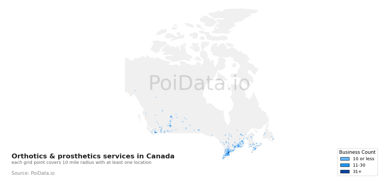 Orthotics & prosthetics service density map for New Brunswick, Canada