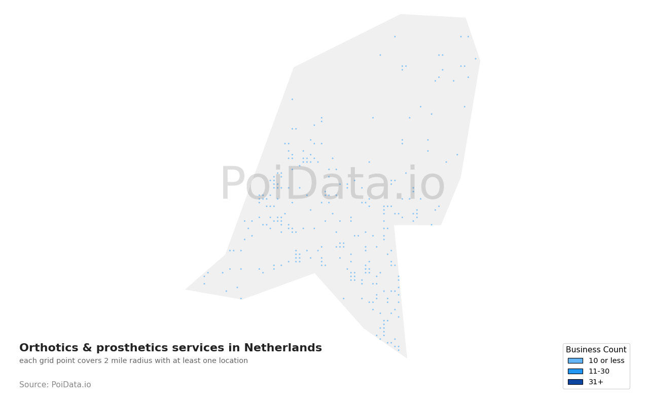 Orthotics & prosthetics service density map for Netherlands