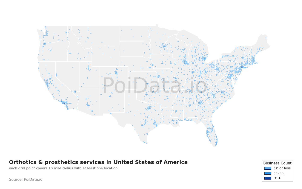 Orthotics & prosthetics service density map for Michigan, United States