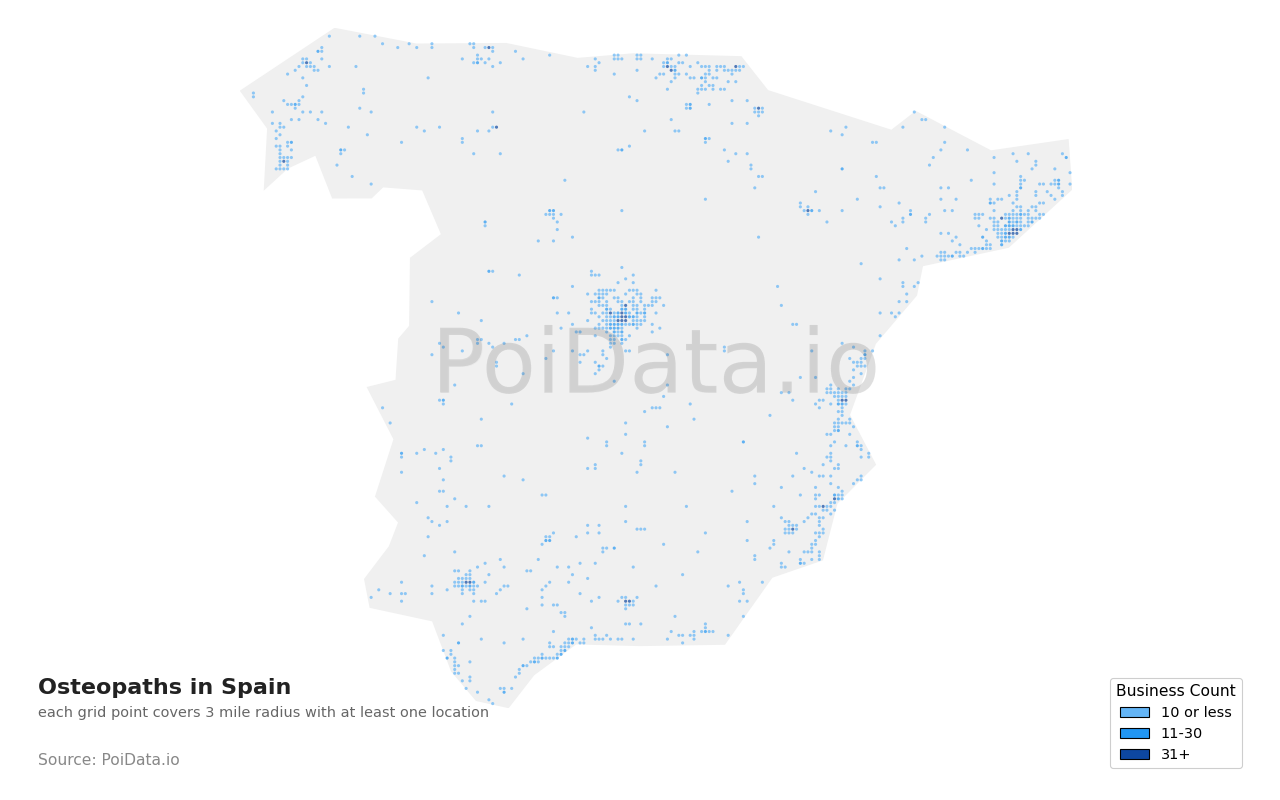 Osteopath density map for Spain