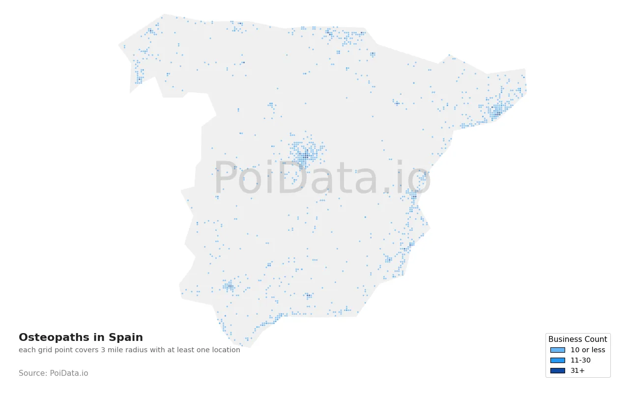 Osteopath density map for Spain