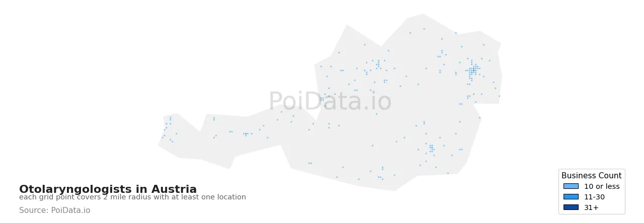 Otolaryngologist density map for Austria