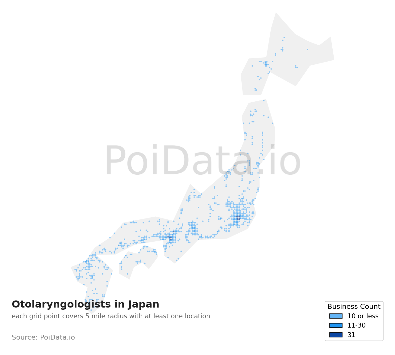 Otolaryngologist density map for Japan