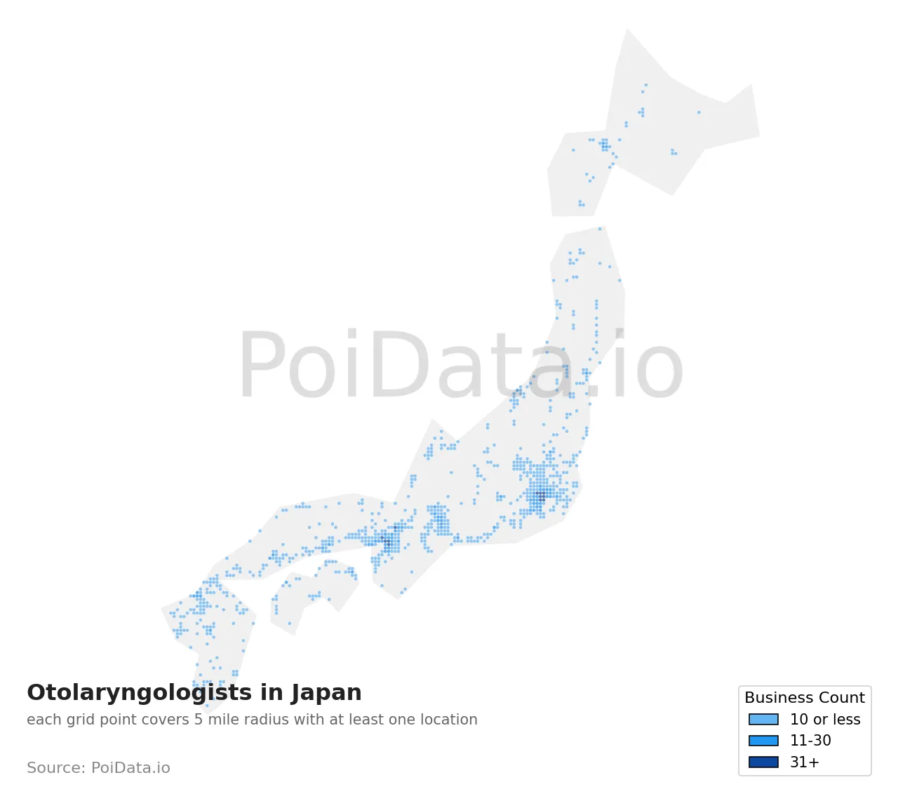 Otolaryngologist density map for Japan