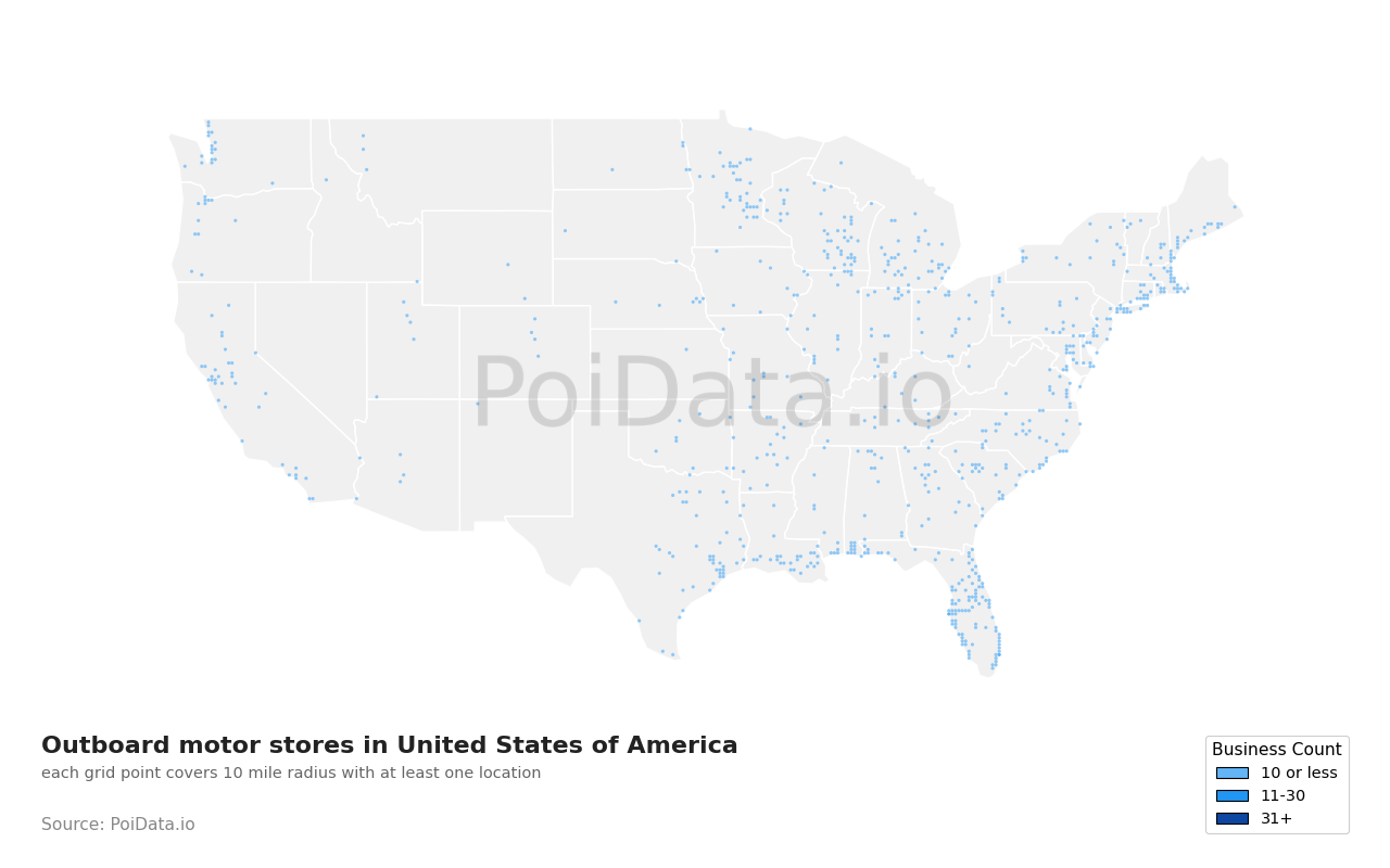 Outboard motor store density map for Florida, United States