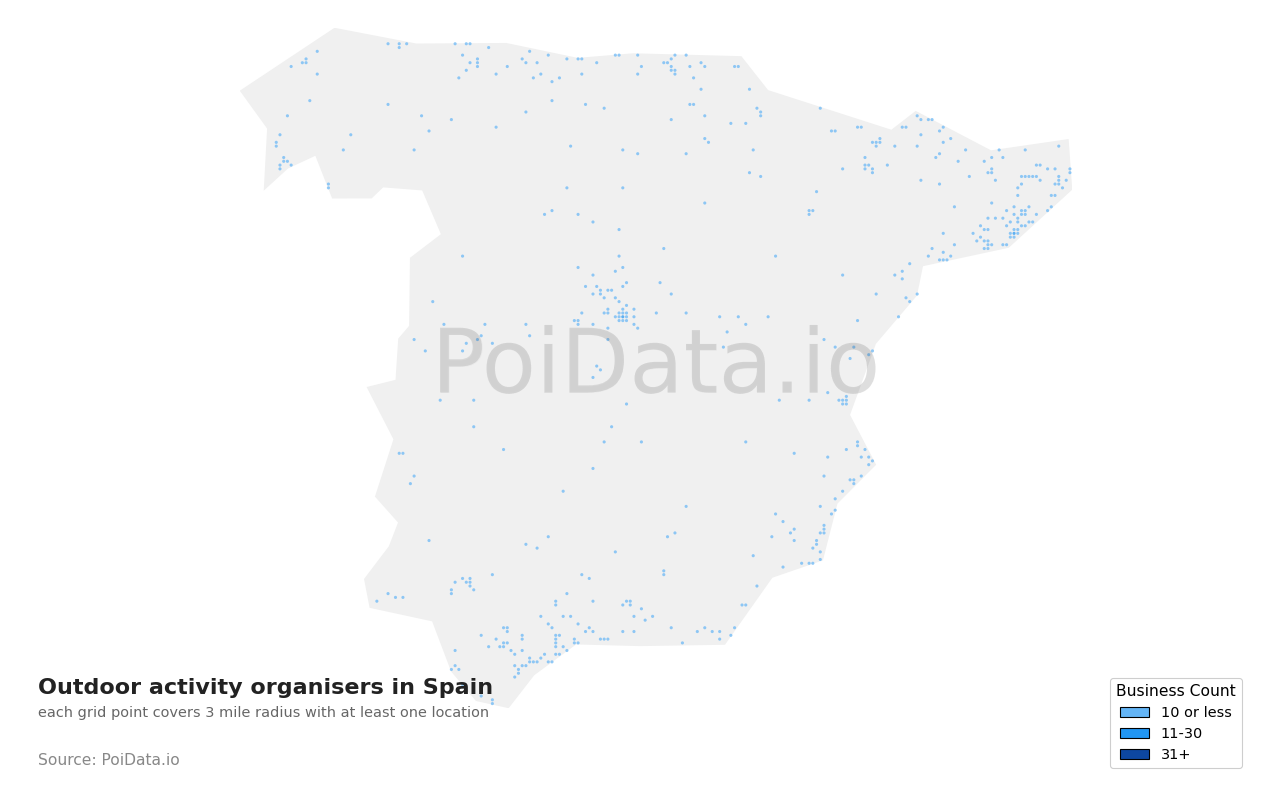 Outdoor activity organiser density map for Spain