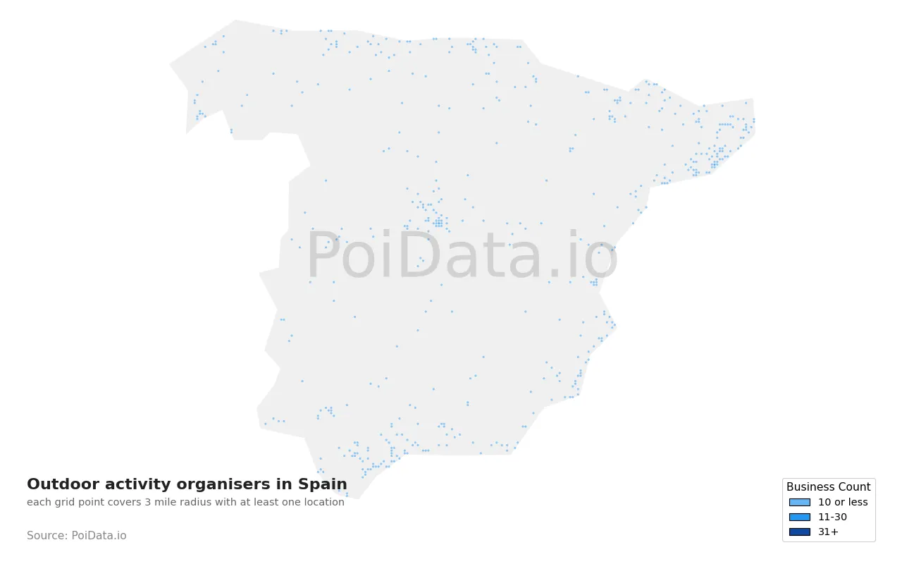 Outdoor activity organiser density map for Spain