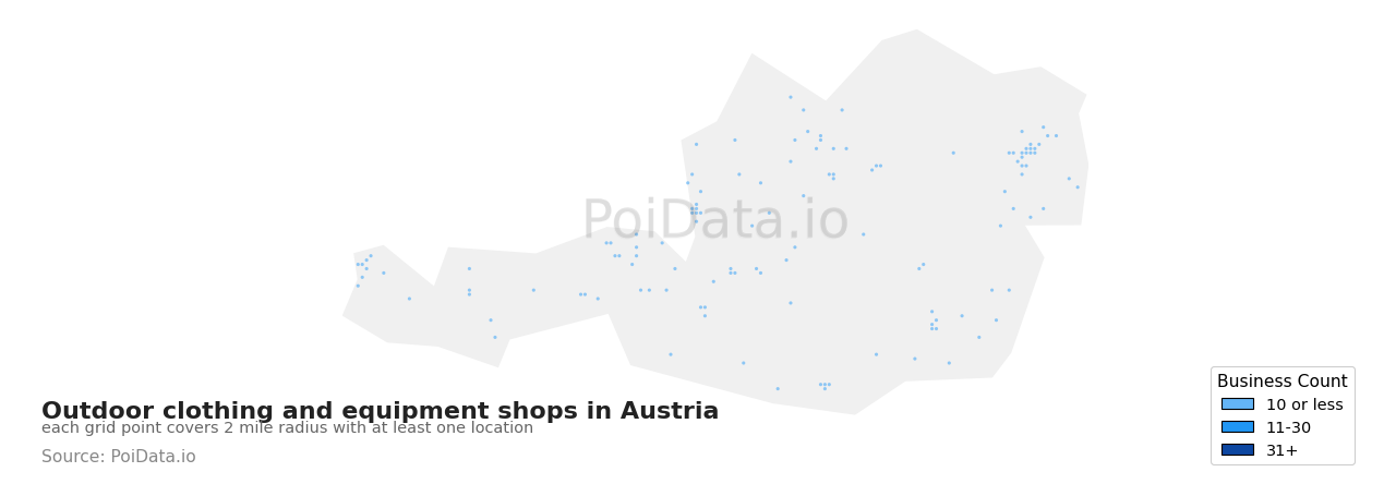 Outdoor clothing and equipment shop density map for Austria