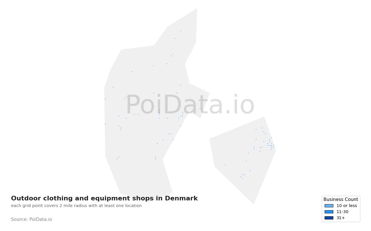 Outdoor clothing and equipment shop density map for Denmark