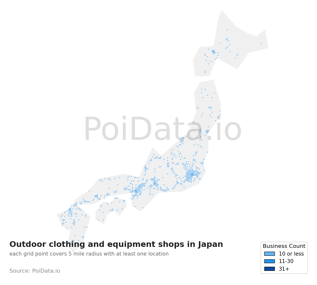 Outdoor clothing and equipment shop density map for Osaka, Japan