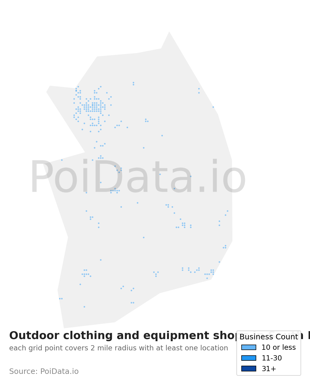 Outdoor clothing and equipment shop density map for South Korea