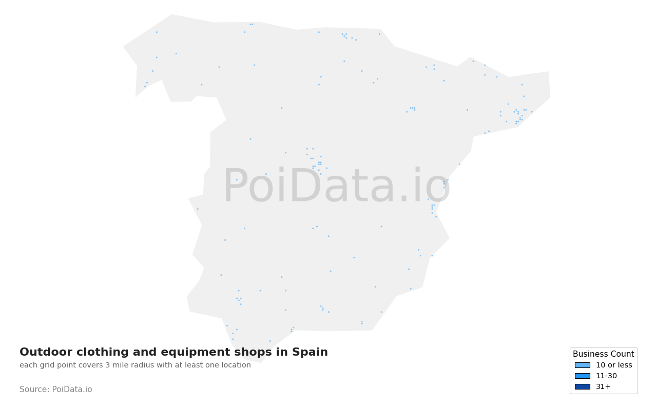 Outdoor clothing and equipment shop density map for Spain