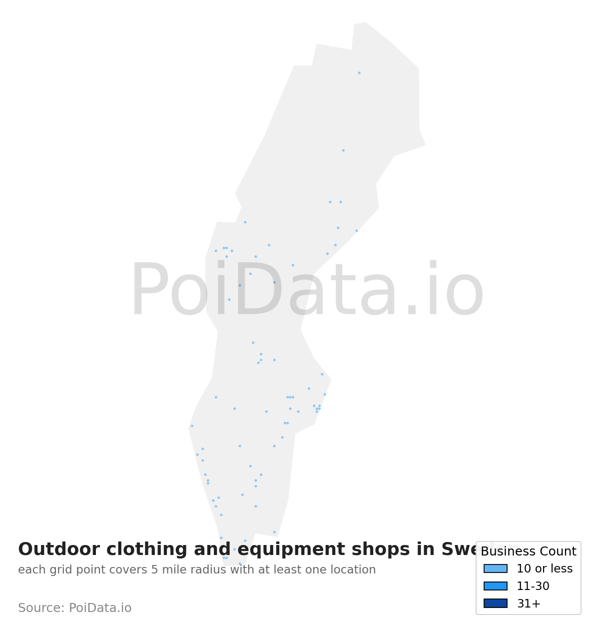 Outdoor clothing and equipment shop density map for Sweden