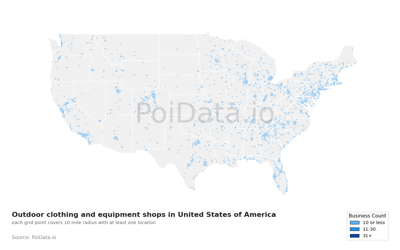 Outdoor clothing and equipment shop density map for Ohio, United States