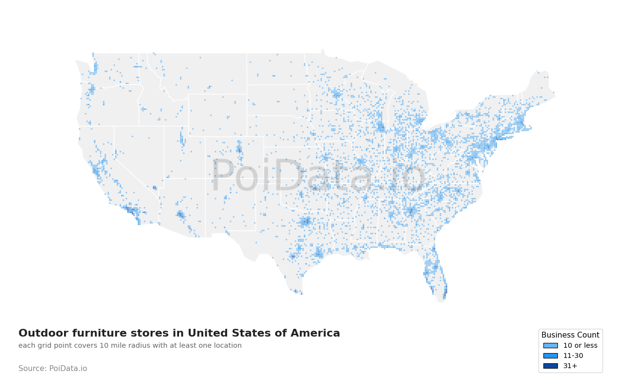 Outdoor furniture store density map for Texas, United States