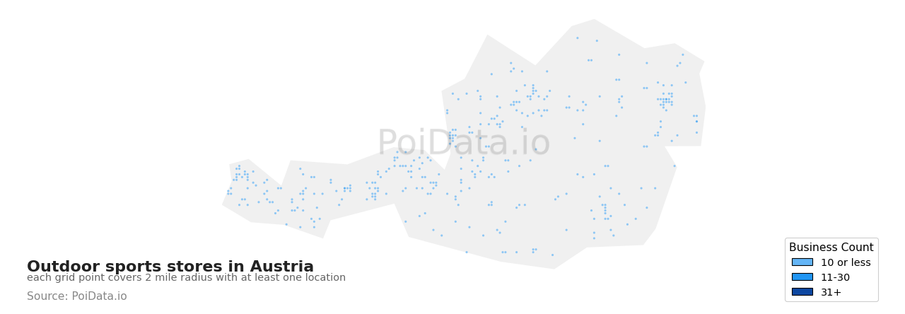 Outdoor sports store density map for Austria