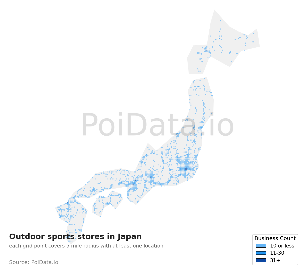 Outdoor sports store density map for Japan