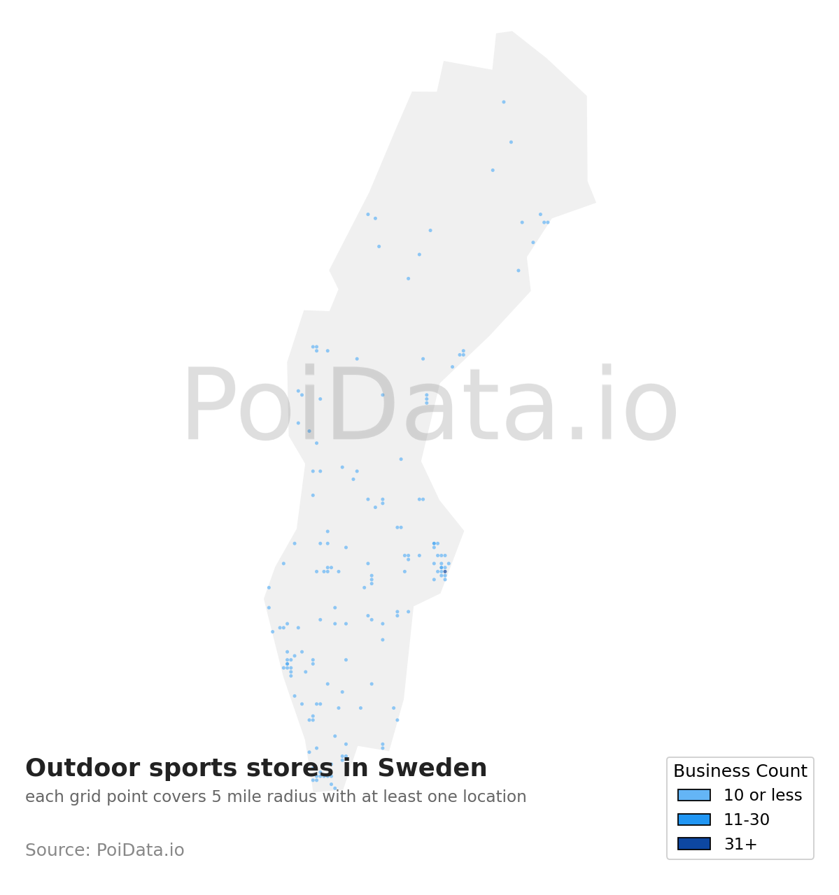 Outdoor sports store density map for Sweden