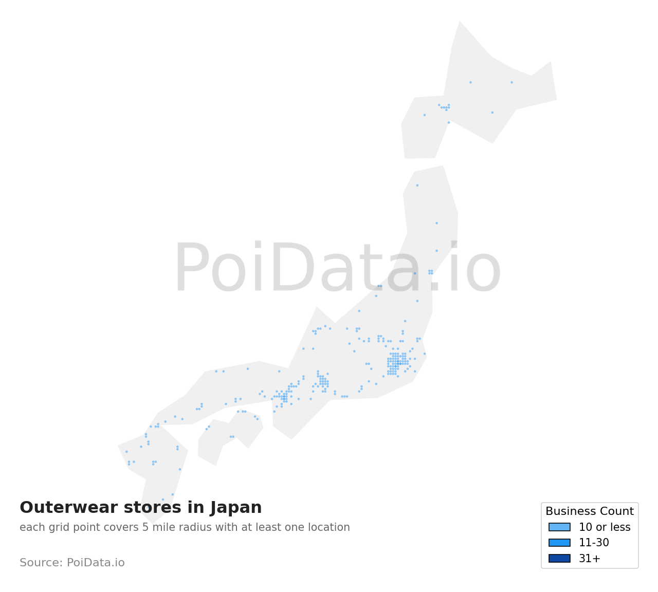 Outerwear store density map for Kanagawa, Japan