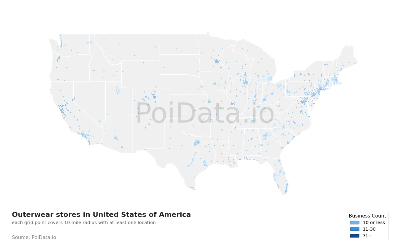 Outerwear store density map for United States