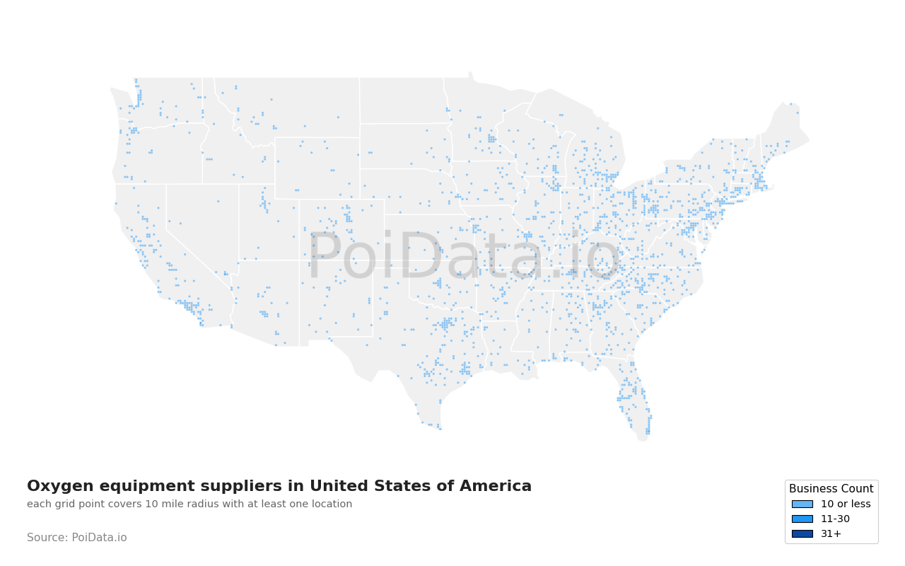 Oxygen equipment supplier density map for United States