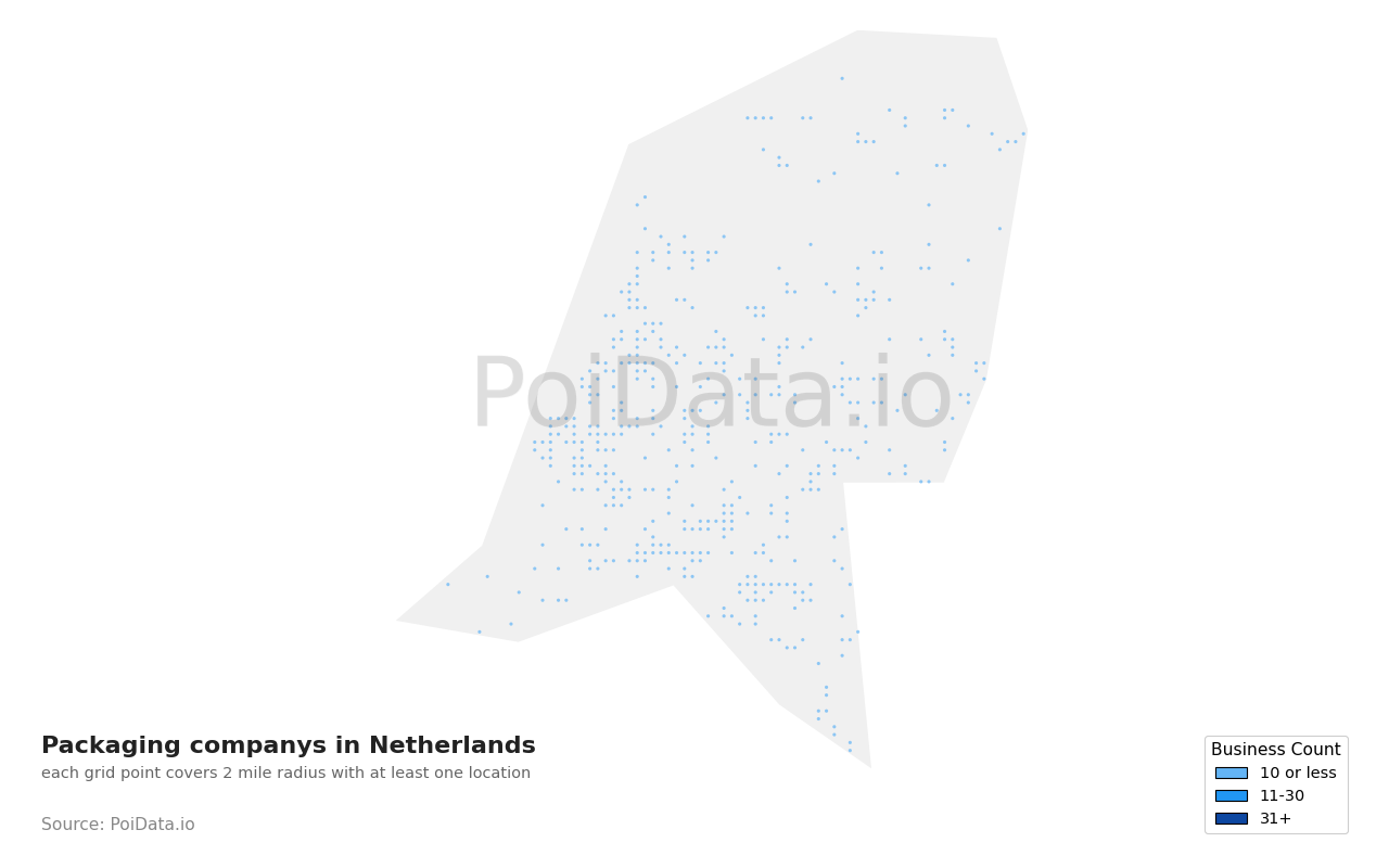 Packaging company density map for Netherlands