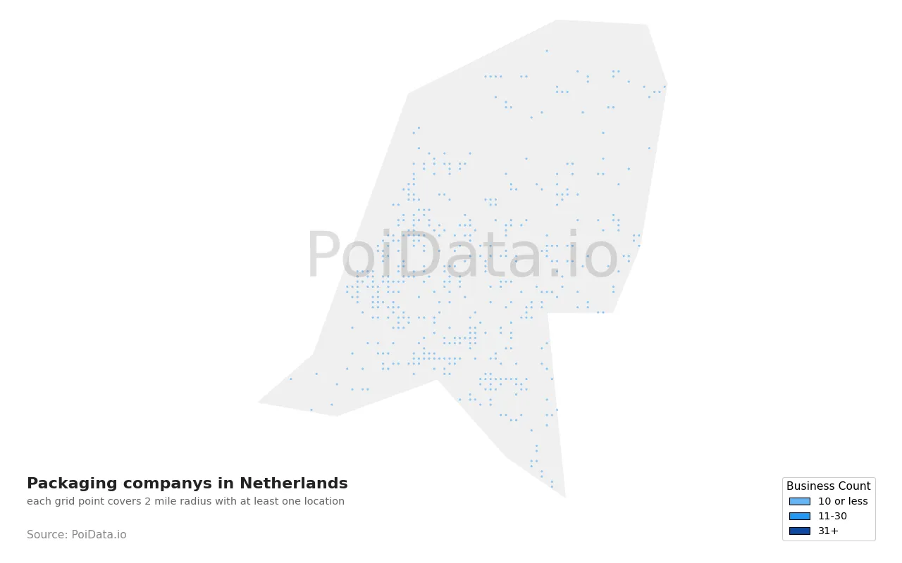 Packaging company density map for Netherlands