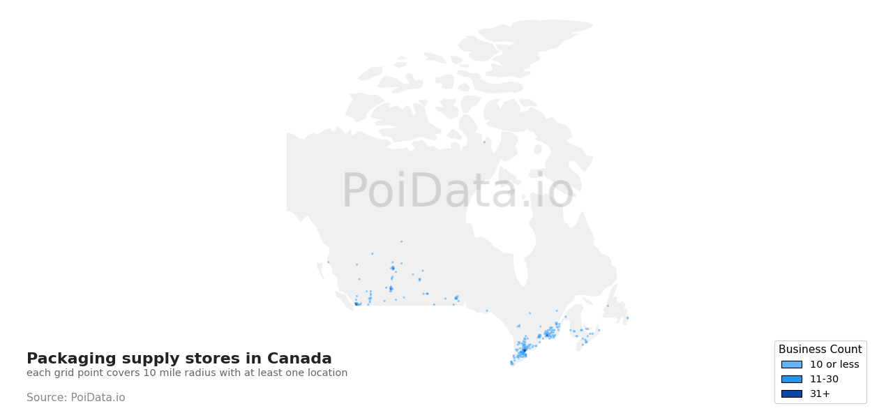 Packaging supply store density map for Canada
