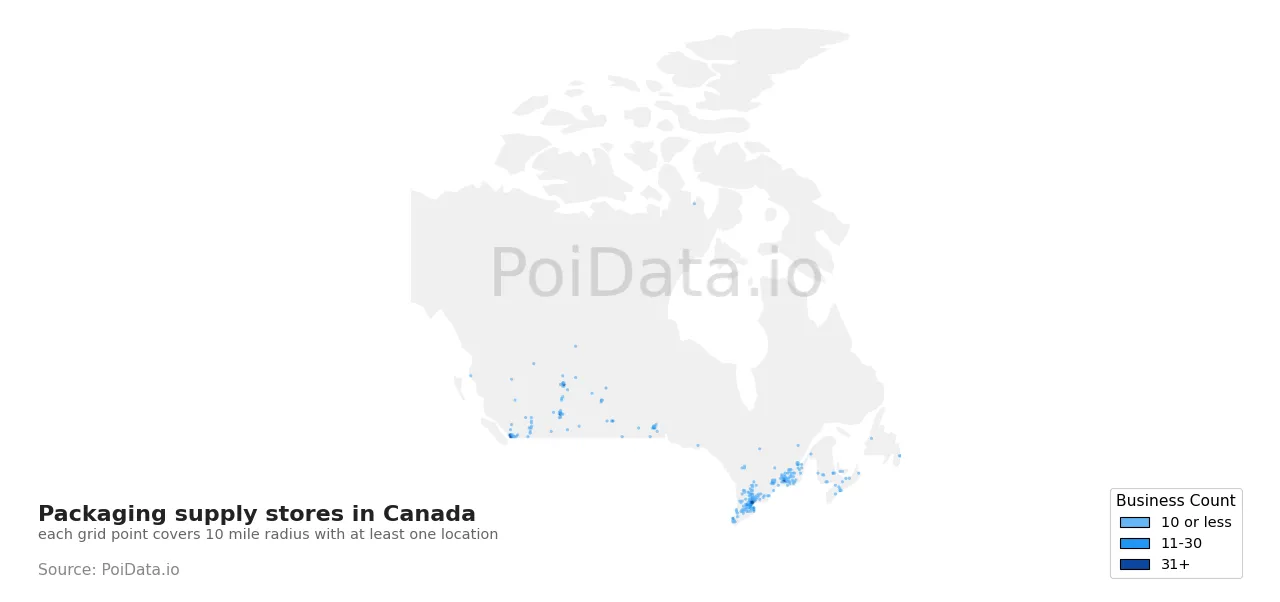 Packaging supply store density map for Canada