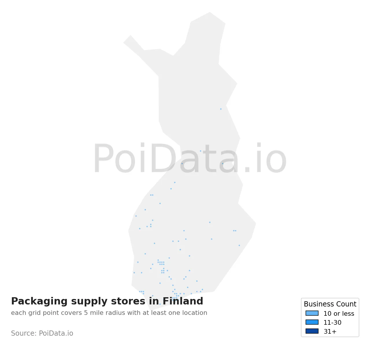 Packaging supply store density map for Finland