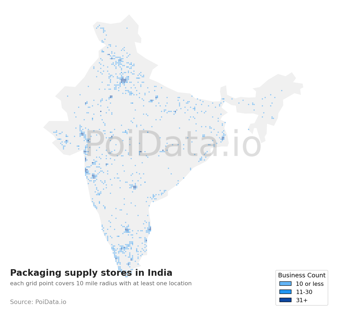 Packaging supply store density map for India