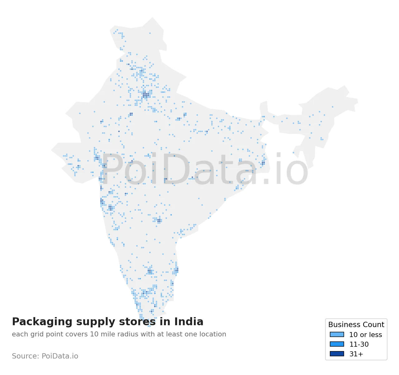 Packaging supply store density map for India