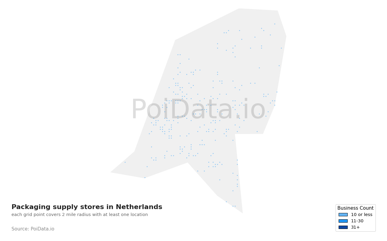 Packaging supply store density map for Netherlands
