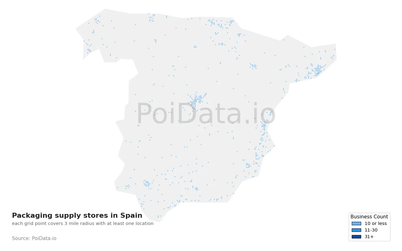 Packaging supply store density map for Spain