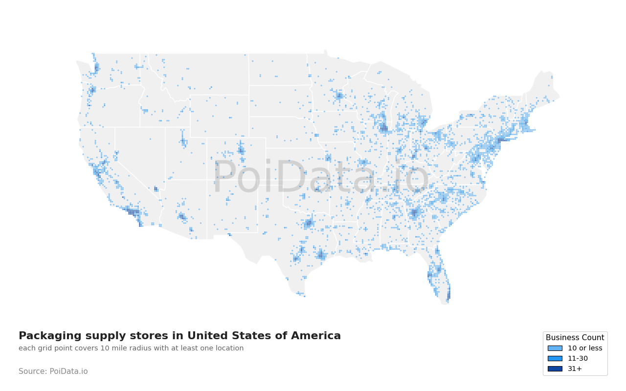 Packaging supply store density map for United States