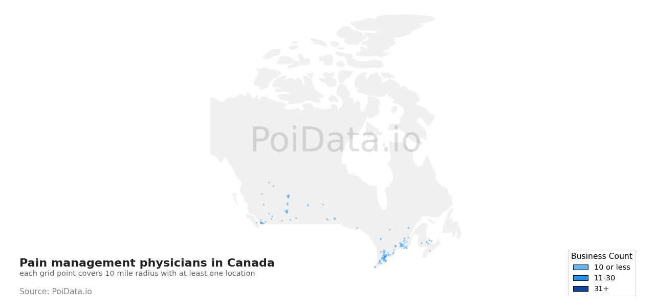 Pain management physician density map for Alberta, Canada