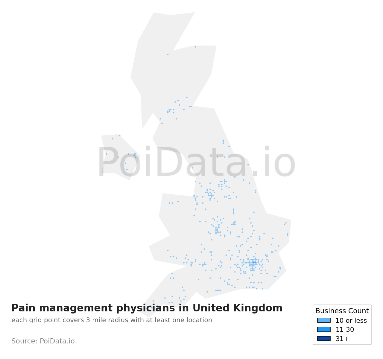 Pain management physician density map for United Kingdom