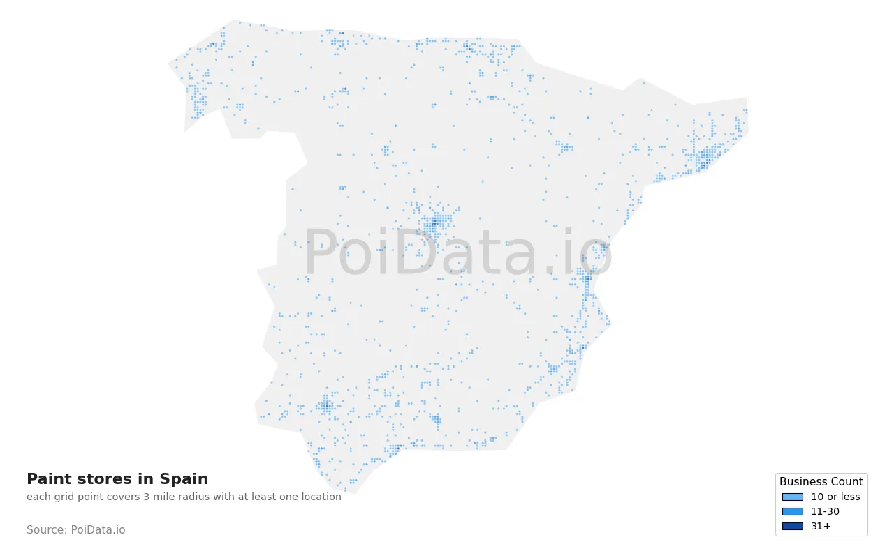 Paint store density map for Spain