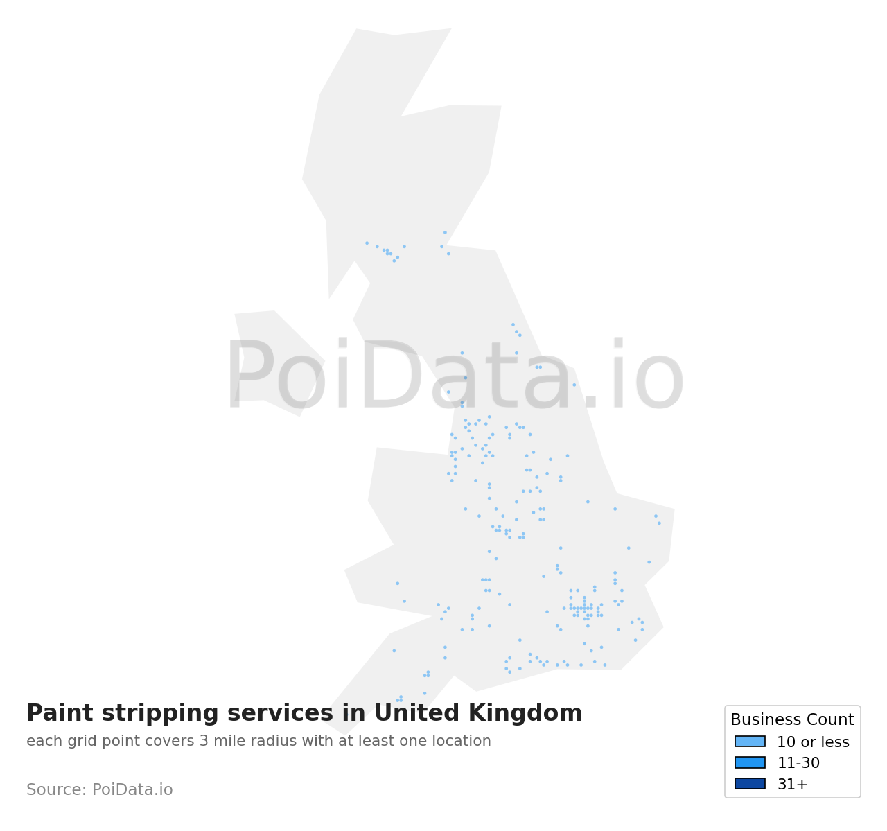 Paint stripping service density map for United Kingdom