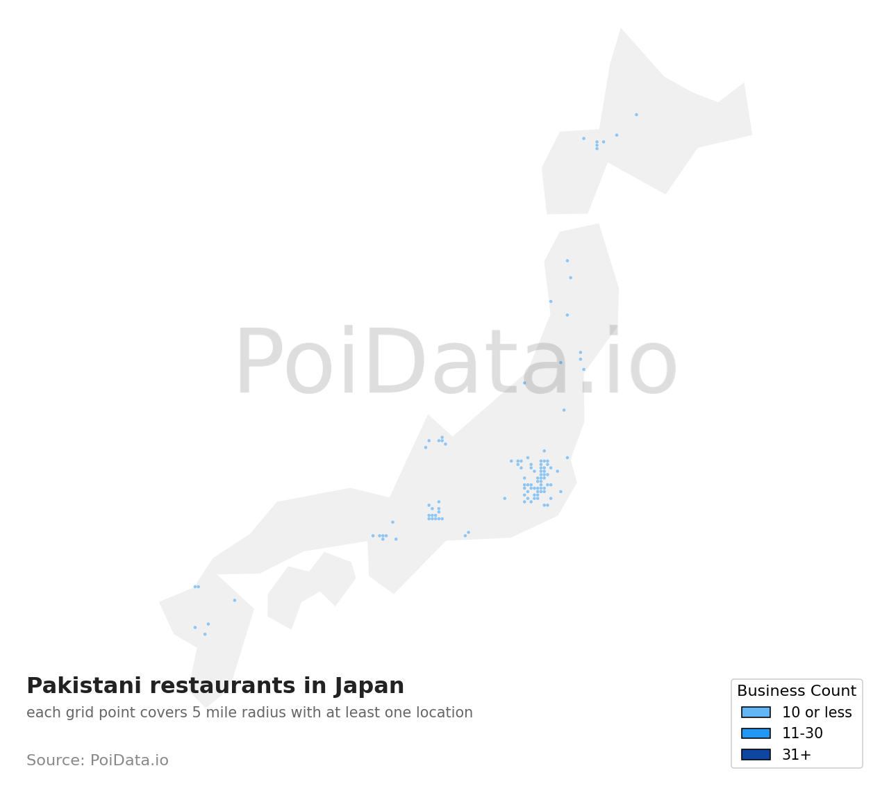 Pakistani restaurant density map for Chiba, Japan