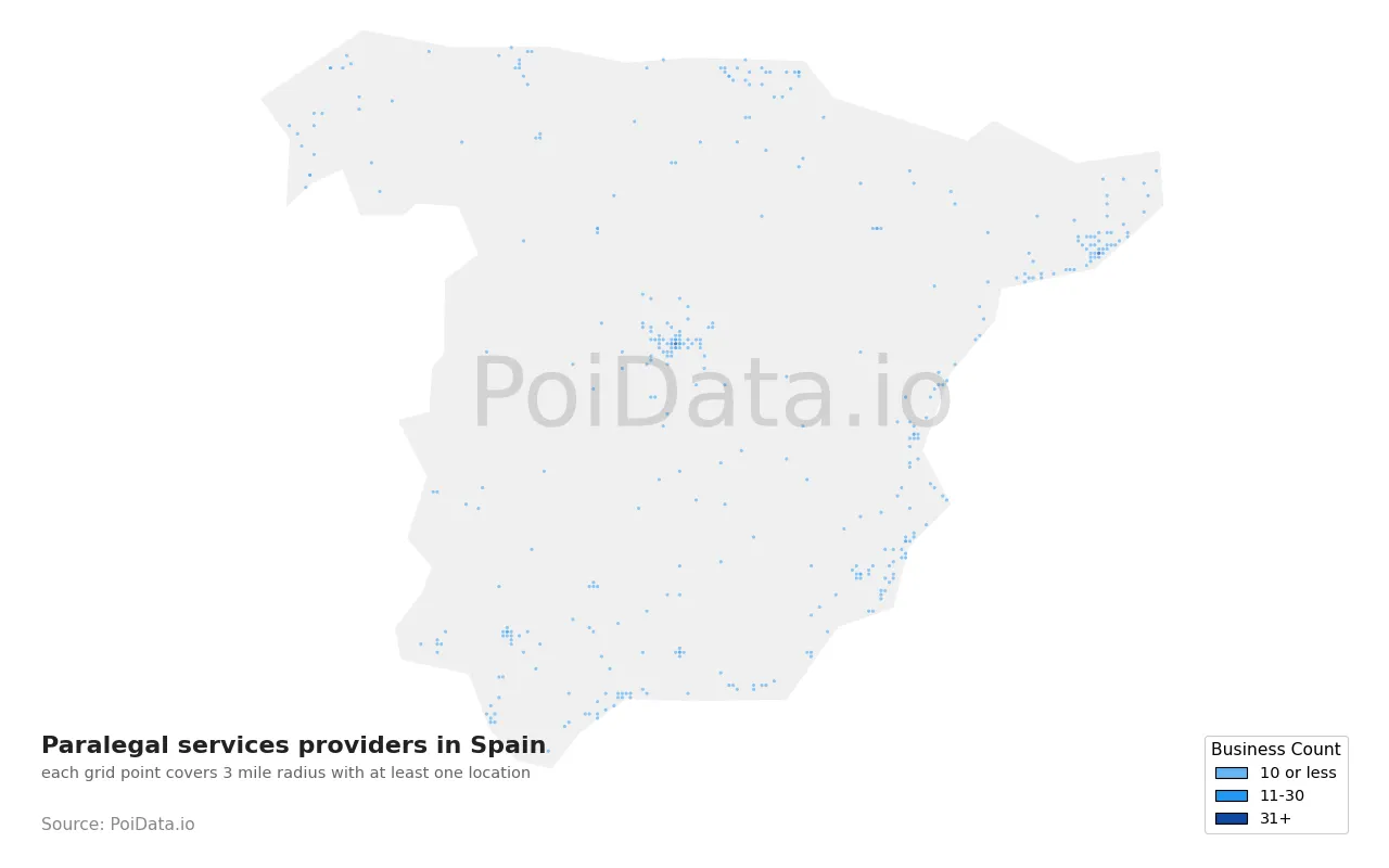 Paralegal services provider density map for Spain