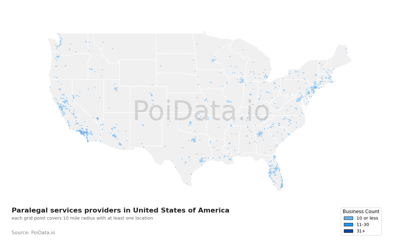 Paralegal services provider density map for United States