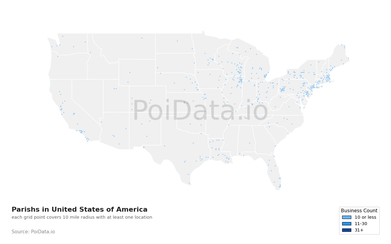 Parish density map for United States