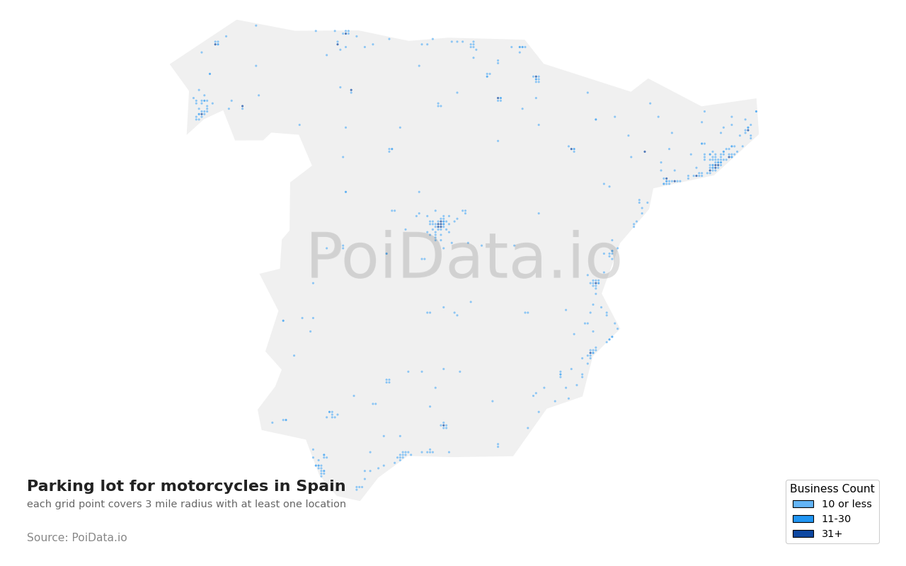 Parking lot for motorcycles density map for Spain