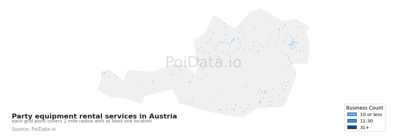 Party equipment rental service density map for Austria