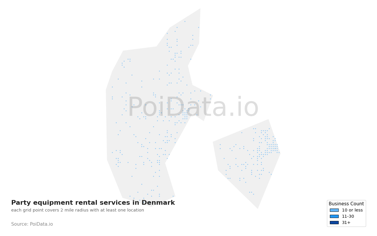 Party equipment rental service density map for Denmark