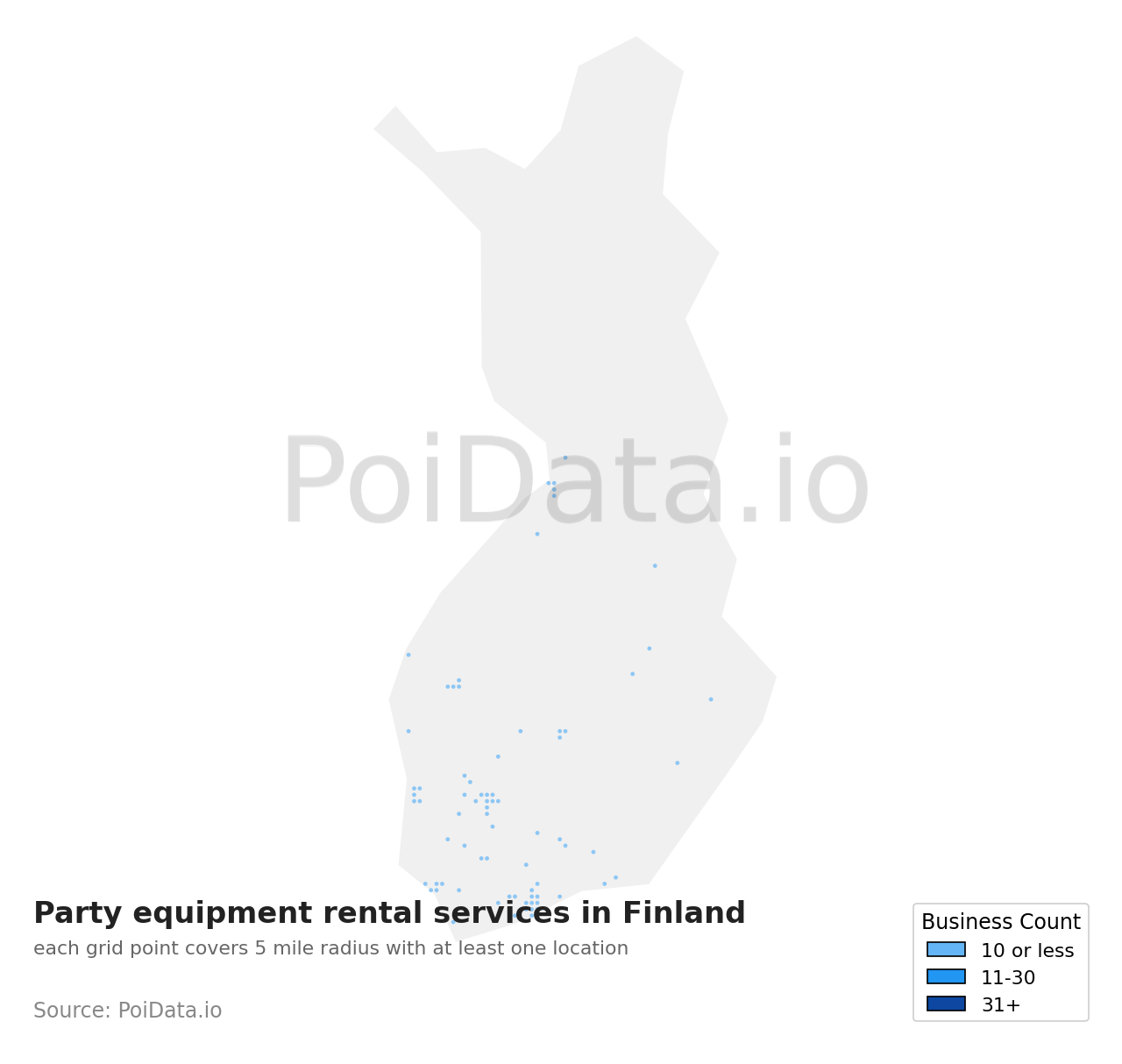 Party equipment rental service density map for Finland