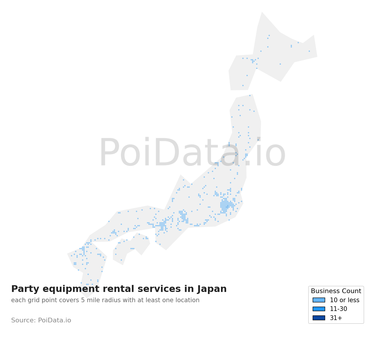 Party equipment rental service density map for Aichi, Japan