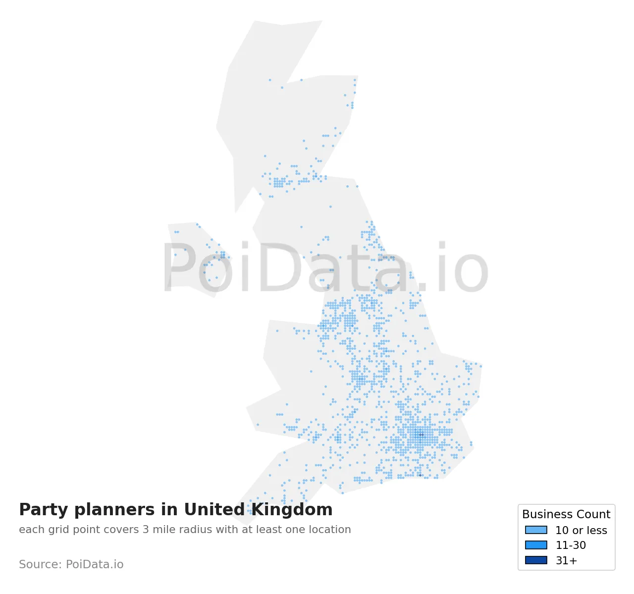 Party planner density map for United Kingdom