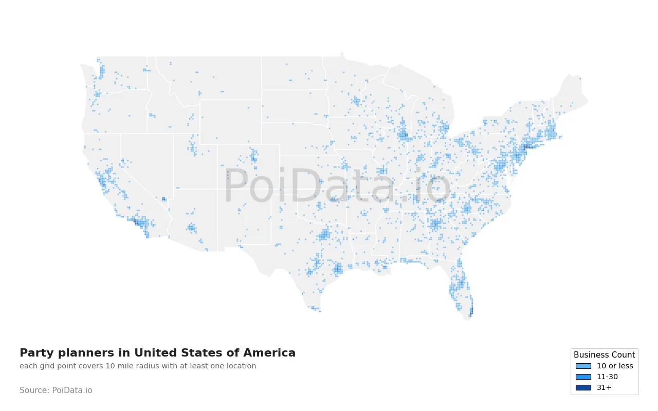 Party planner density map for United States